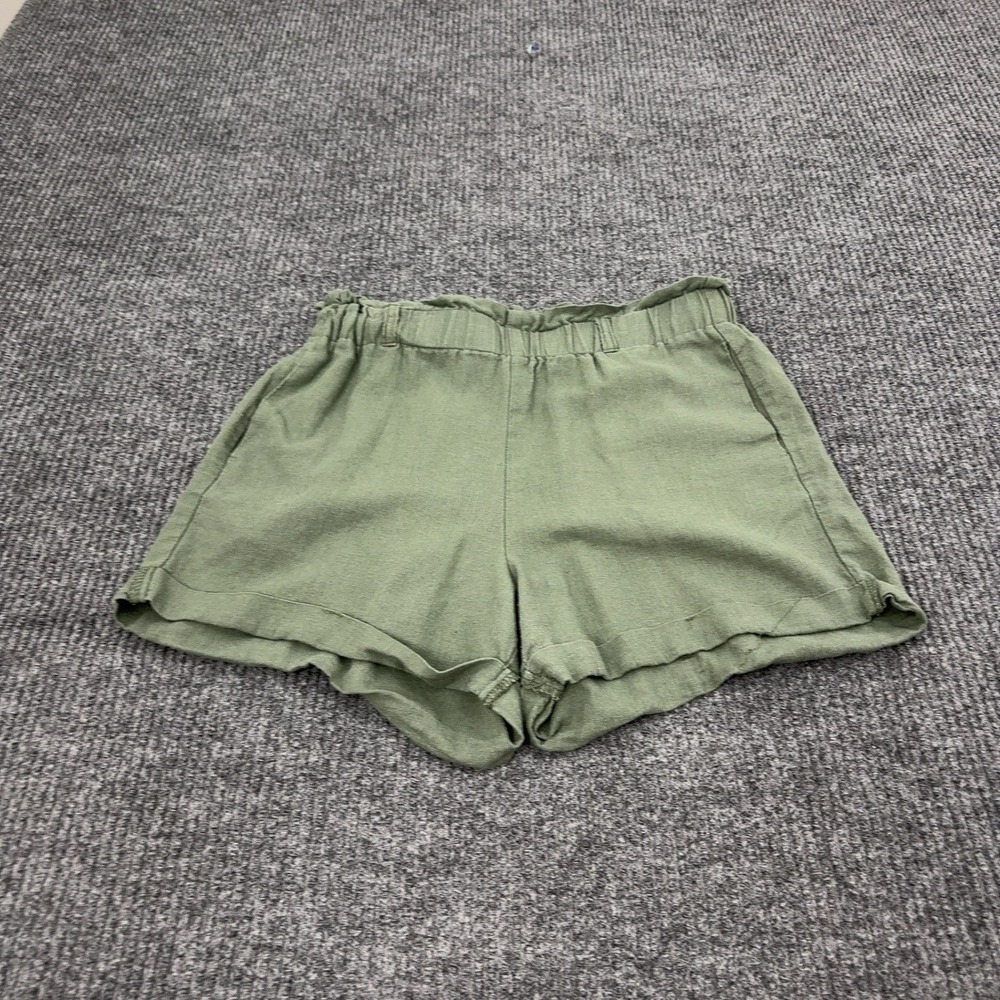 Revamped Shorts Womens S Green Linen Rayon Elastic Paperbag Waist Casual Summer